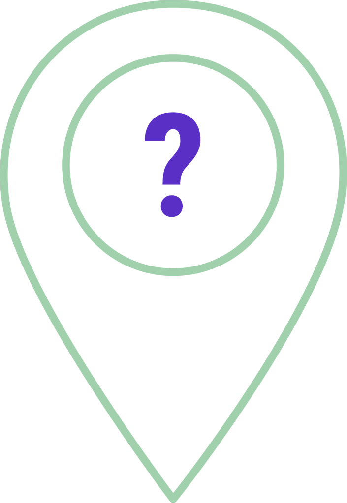 Grafisches Element, das Anlaufstellen symbolisiert. Eine Kartenstecknadel mit einem "?" beschriftet.