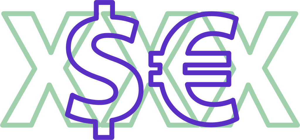 Grafisches Element, das Sexverkauf abstrahiert. Ein Dollar- und ein Eurosymbol über drei X.